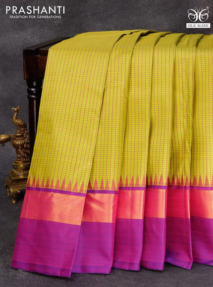 Pure kanjivaram silk saree lime yellow and dual shade of purple with allover checkes pattern and temple design rettapet zari woven border & checkes