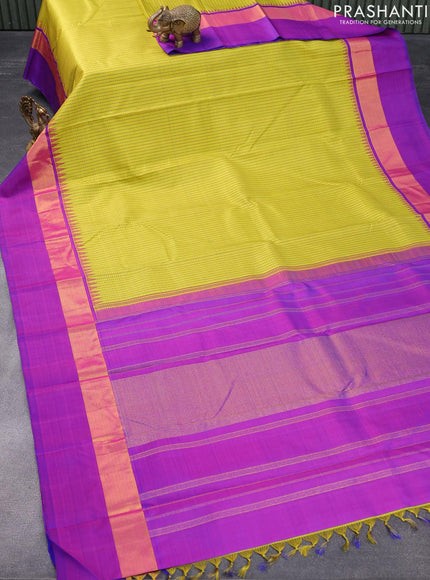 Pure kanjivaram silk saree lime yellow and dual shade of purple with allover checkes pattern and temple design rettapet zari woven border & checkes