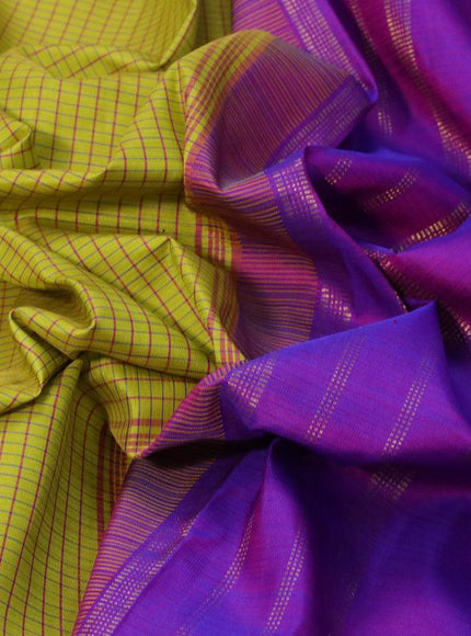 Pure kanjivaram silk saree lime yellow and dual shade of purple with allover checkes pattern and temple design rettapet zari woven border & checkes