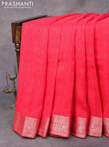 Chinon silk saree red with allover sequin work and zari woven floral border & zari butta blouse