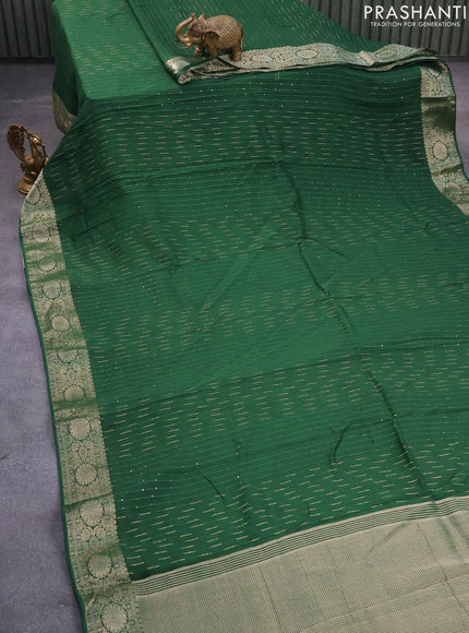 Chinon silk saree green with allover sequin work and zari woven floral border & zari butta blouse