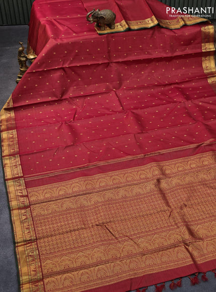 Pure kanjivaram silk saree maroon and dual shade of green with allover zari stripes & buttas and temple & annam zari woven border