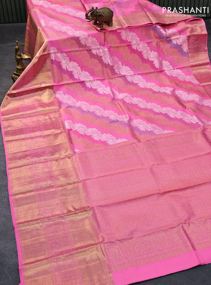 Pure kanjivaram silk saree candy pink with allover silver & gold zari woven floral weaves and long rich annam & parrot zari woven border