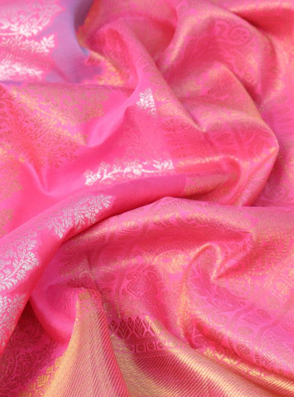 Pure kanjivaram silk saree candy pink with allover silver & gold zari woven floral weaves and long rich annam & parrot zari woven border