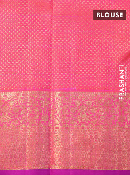 Pure kanjivaram silk saree pista green and dual shade of pinkish orange with allover silver & gold zari woven brocade weaves and floral zari woven korvai border