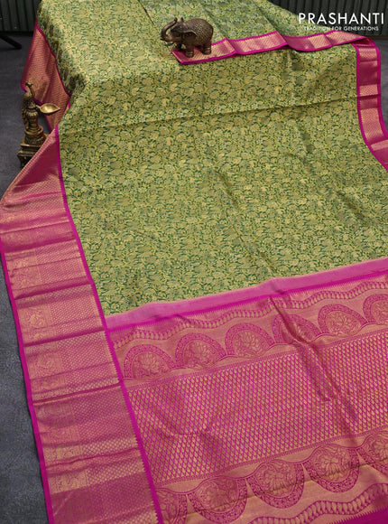 Pure kanjivaram silk saree green and pink with allover zari woven brocade weaves and long zari woven annam border