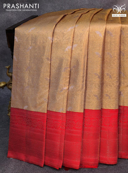 Pure kanjivaram tissue silk saree dual shade of greyish gold and pink with allover zari woven floral brocade weaves and long zari woven border