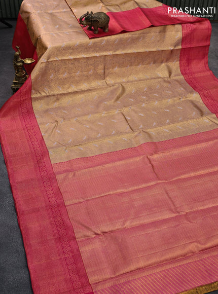 Pure kanjivaram tissue silk saree dual shade of greyish gold and pink with allover zari woven floral brocade weaves and long zari woven border