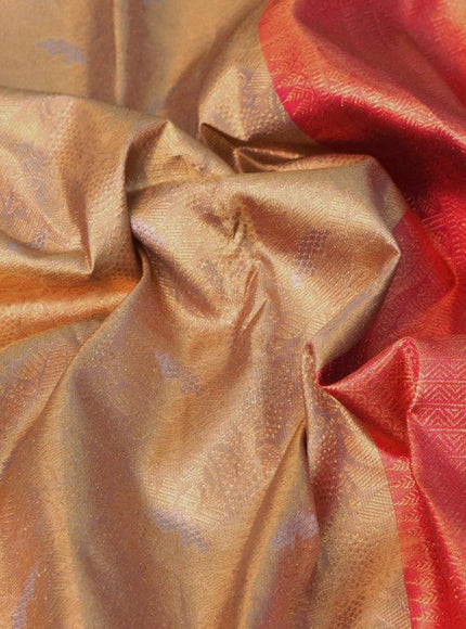 Pure kanjivaram tissue silk saree dual shade of greyish gold and pink with allover zari woven floral brocade weaves and long zari woven border