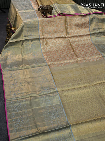 Pure kanjivaram tissue silk saree sandal and grey with allover zari woven butta weaves and long rich peacock zari woven border