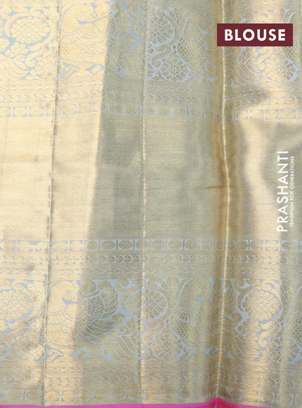 Pure kanjivaram tissue silk saree sandal and grey with allover zari woven butta weaves and long rich peacock zari woven border