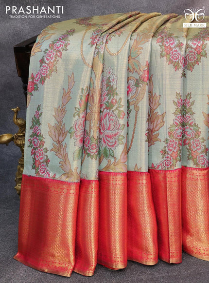 Pure kanjivaram tissue silk saree pastel blue and pink with allover thread & zari floral brocade weaves and rich zari woven border