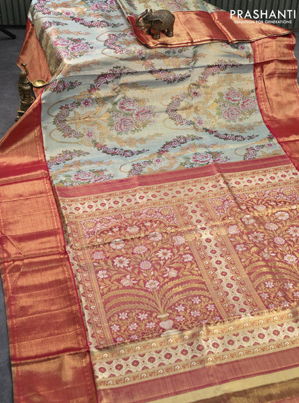 Pure kanjivaram tissue silk saree pastel blue and pink with allover thread & zari floral brocade weaves and rich zari woven border