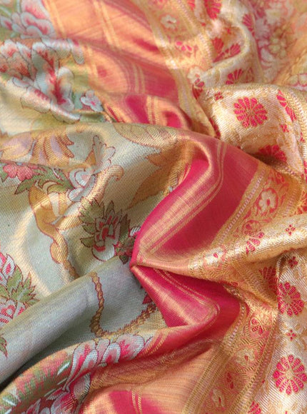 Pure kanjivaram tissue silk saree pastel blue and pink with allover thread & zari floral brocade weaves and rich zari woven border