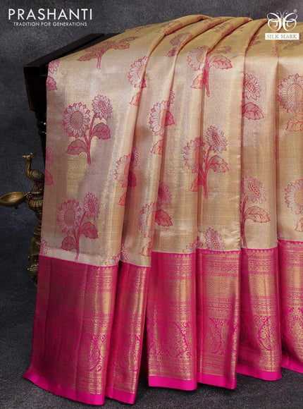 Pure kanjivaram tissue silk saree cream and pink with allover floral zari woven buttas and long rich zari woven border