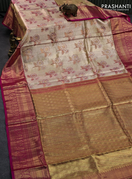 Pure kanjivaram tissue silk saree cream and pink with allover floral zari woven buttas and long rich zari woven border