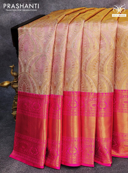 Pure kanjivaram tissue silk saree dual shade of cream and pink with allover zari woven brocade weaves and long rich zari woven border