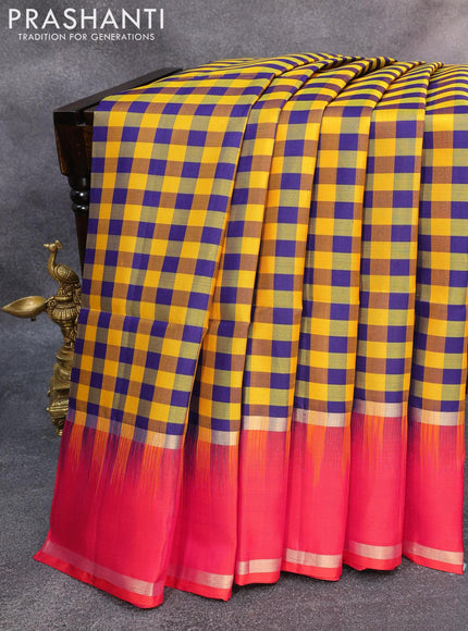 Pure soft silk saree yellow blue and dual shade of pinkish orange with allover paalum pazhamum checked pattern and rettapet zari woven border