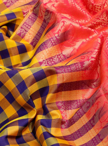 Pure soft silk saree yellow blue and dual shade of pinkish orange with allover paalum pazhamum checked pattern and rettapet zari woven border