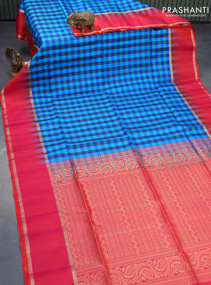 Pure soft silk saree blue shade and dual shade of pinkish orange with allover paalum pazhamum checked pattern and rettapet zari woven border