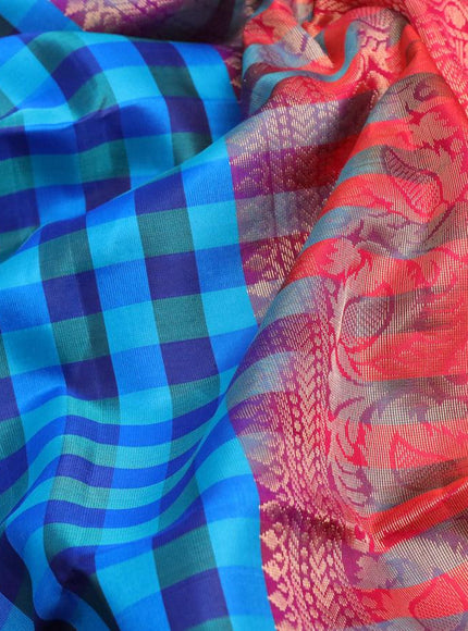 Pure soft silk saree blue shade and dual shade of pinkish orange with allover paalum pazhamum checked pattern and rettapet zari woven border