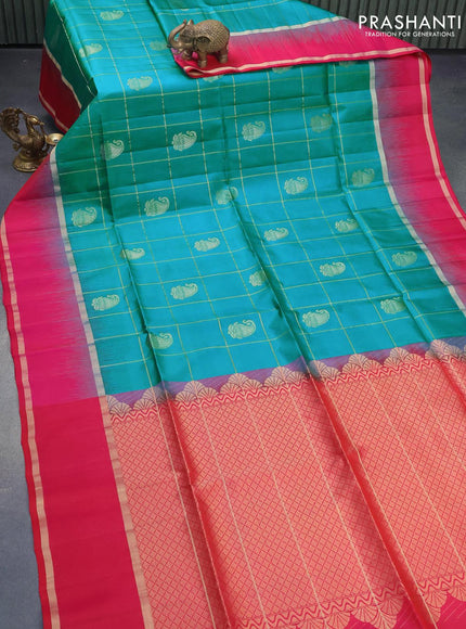 Pure soft silk saree teal blue and pink with allover zari checks & buttas and rettapet zari woven border