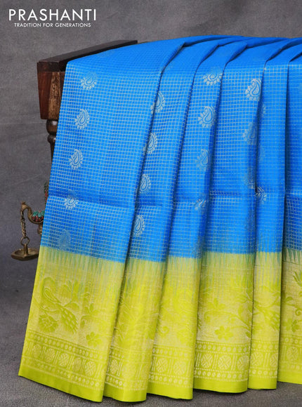 Pure soft silk saree cs blue and lime green with allover small zari checks & buttas and long zari woven border