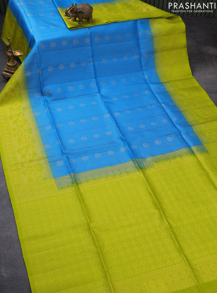 Pure soft silk saree cs blue and lime green with allover small zari checks & buttas and long zari woven border