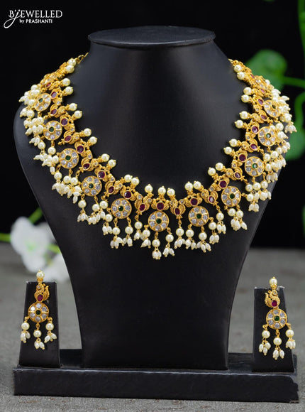 Antique guttapusalu necklace kemp and cz stones with pearl hangings - {{ collection.title }} by Prashanti Sarees