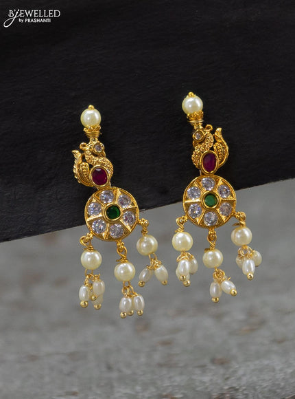 Antique guttapusalu necklace kemp and cz stones with pearl hangings - {{ collection.title }} by Prashanti Sarees