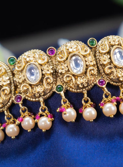 Antique hair clip medium size with kemp stone and pearl hangings - {{ collection.title }} by Prashanti Sarees