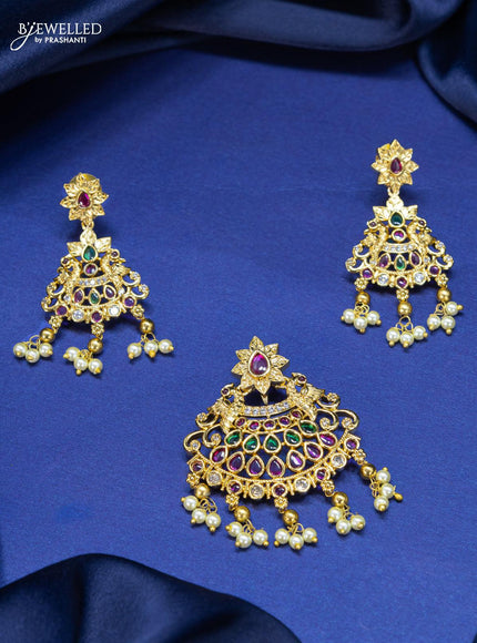 Antique pendant set kemp and cz stone with pearl hangings - {{ collection.title }} by Prashanti Sarees