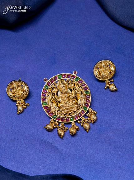 Antique pendant set lakshmi design with kemp stone and golden beads hangings - {{ collection.title }} by Prashanti Sarees