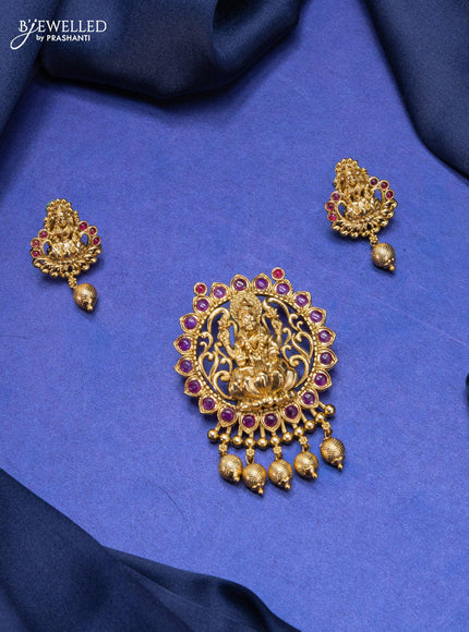 Antique pendant set lakshmi design with pink kemp stone and golden beads hangings - {{ collection.title }} by Prashanti Sarees