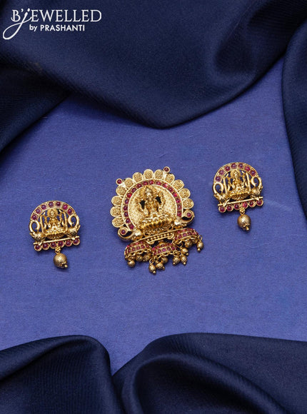 Antique pendant set lakshmi design with pink kemp stones and golden beads hangings - {{ collection.title }} by Prashanti Sarees