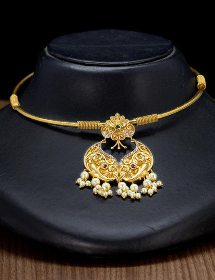 Antique ring type choker kemp and cz stone and pearl hangings - {{ collection.title }} by Prashanti Sarees