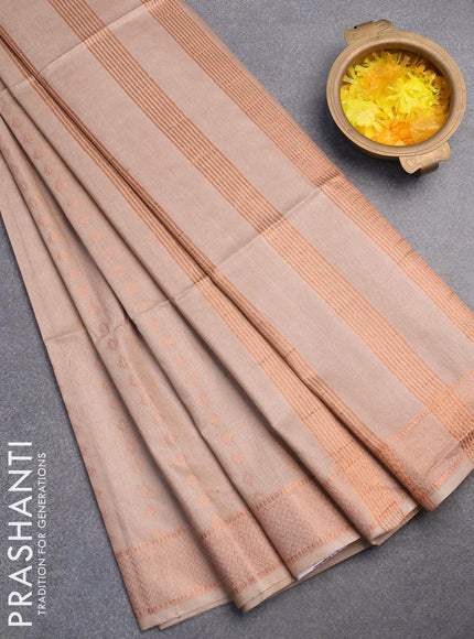 Bamboo silk saree beige with allover copper zari woven butta weaves and zari woven border - {{ collection.title }} by Prashanti Sarees