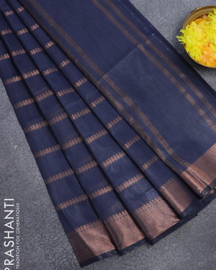 Bamboo silk saree dark blue with allover copper zari weaves and copper zari woven border - {{ collection.title }} by Prashanti Sarees
