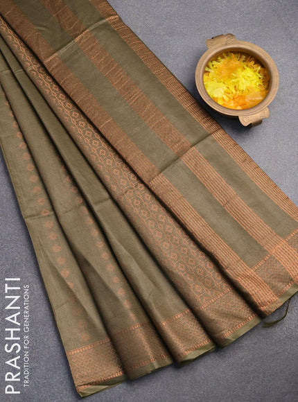 Bamboo silk saree dark olive green with allover zari butta weaves and copper zari woven border - {{ collection.title }} by Prashanti Sarees