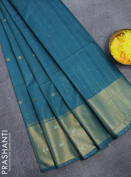 Bamboo silk saree teal blue with zari woven geometric buttas and zari woven border - {{ collection.title }} by Prashanti Sarees