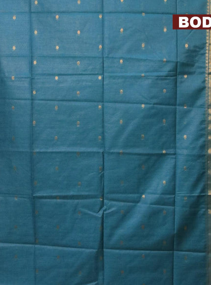 Bamboo silk saree teal blue with zari woven geometric buttas and zari woven border - {{ collection.title }} by Prashanti Sarees