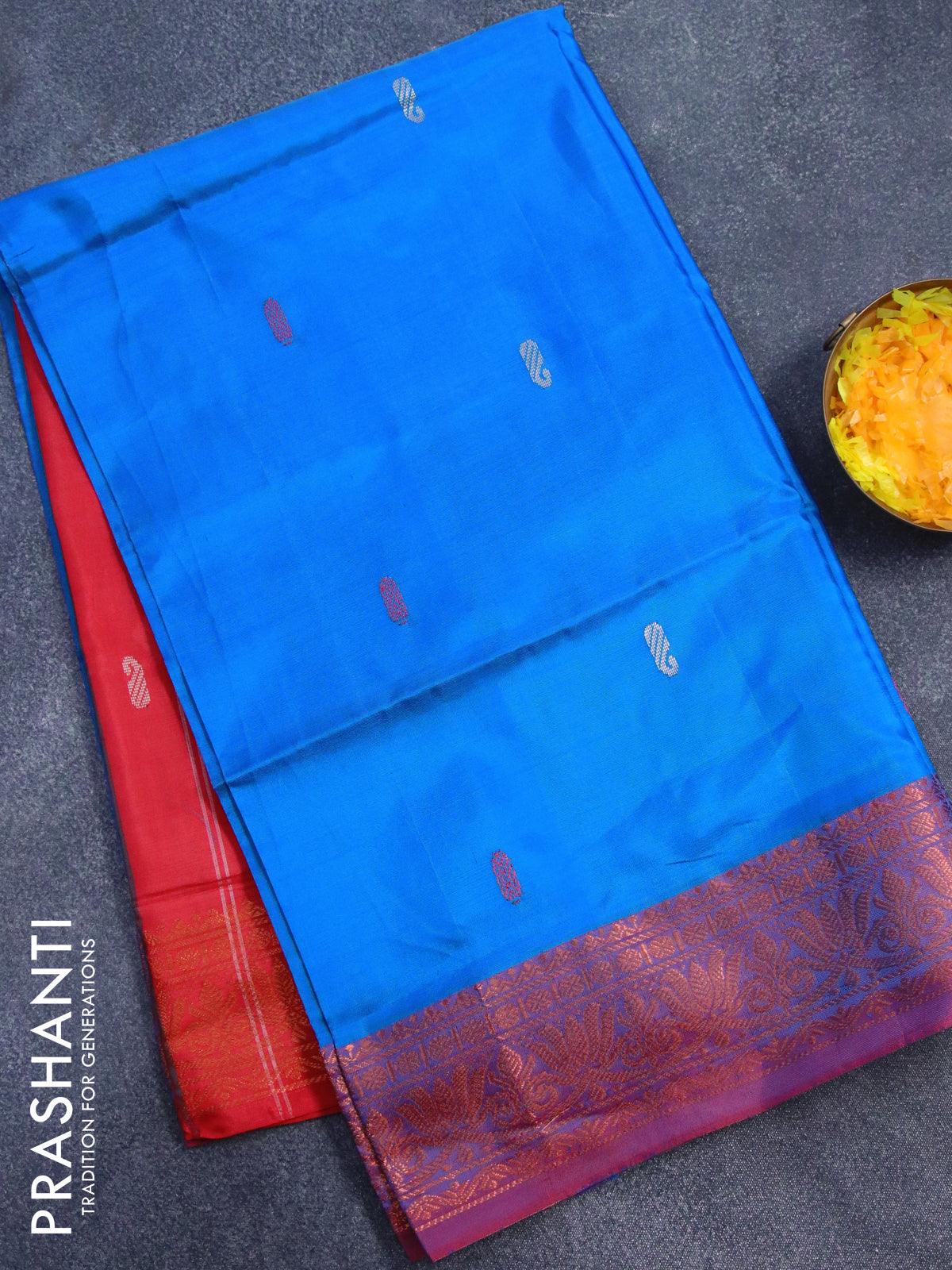 Kuppadam silk cotton saree mango yellow and cs blue with plain body an –  Cherrypick