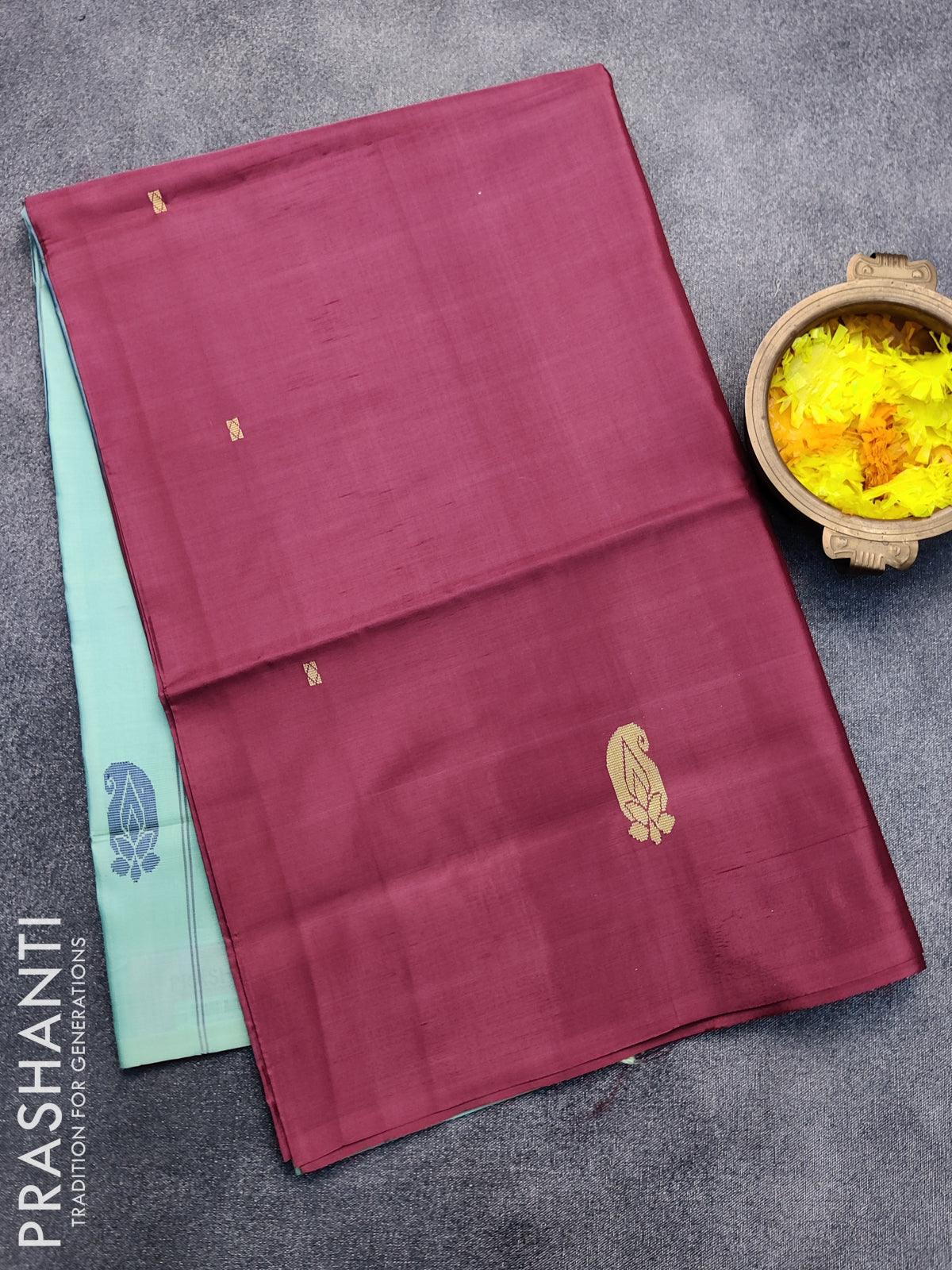 banana pith saree maroon and teal green shade with thread woven buttas in borderless style with blouse prashanti sarees 1 28824736792774