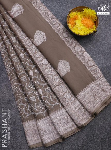 Banarasi chiffon saree grey shade with allover chikankari work and silver zari woven border - {{ collection.title }} by Prashanti Sarees