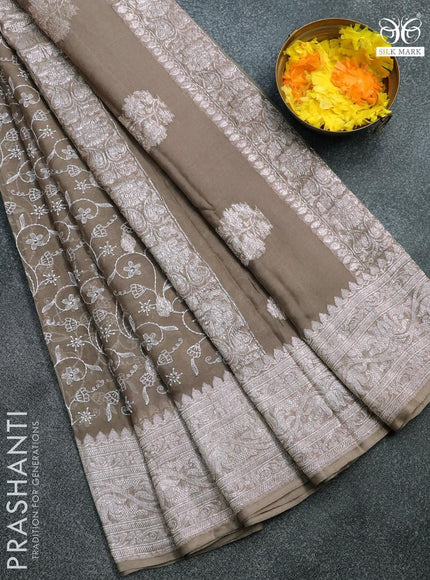 Banarasi chiffon saree grey shade with allover chikankari work and silver zari woven border - {{ collection.title }} by Prashanti Sarees