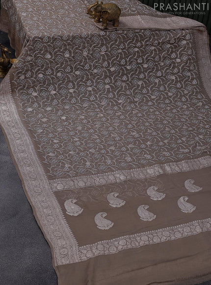 Banarasi chiffon saree grey shade with allover chikankari work and silver zari woven border - {{ collection.title }} by Prashanti Sarees