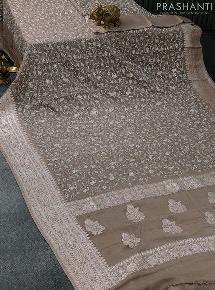 Banarasi chiffon saree grey shade with allover chikankari work and silver zari woven border - {{ collection.title }} by Prashanti Sarees