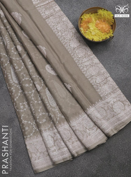 Banarasi chiffon saree pastel grey with allover chikankari work and silver zari woven border - {{ collection.title }} by Prashanti Sarees