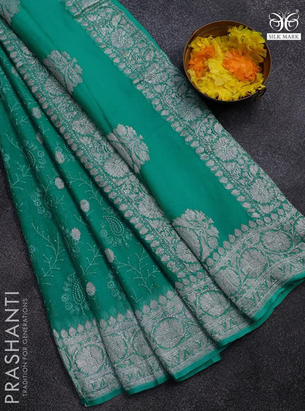 Banarasi chiffon saree teal blue shade with allover chikankari work and silver zari woven border - {{ collection.title }} by Prashanti Sarees