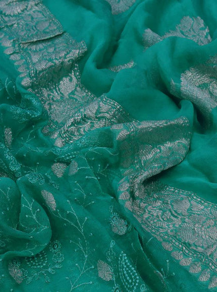 Banarasi chiffon saree teal blue shade with allover chikankari work and silver zari woven border - {{ collection.title }} by Prashanti Sarees